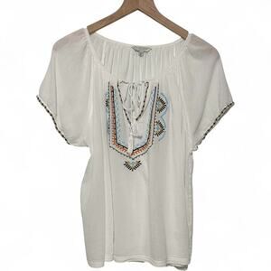 Lucky Brand Cotton Blend Embroidered Short Sleeve Peasant Top (XL)
